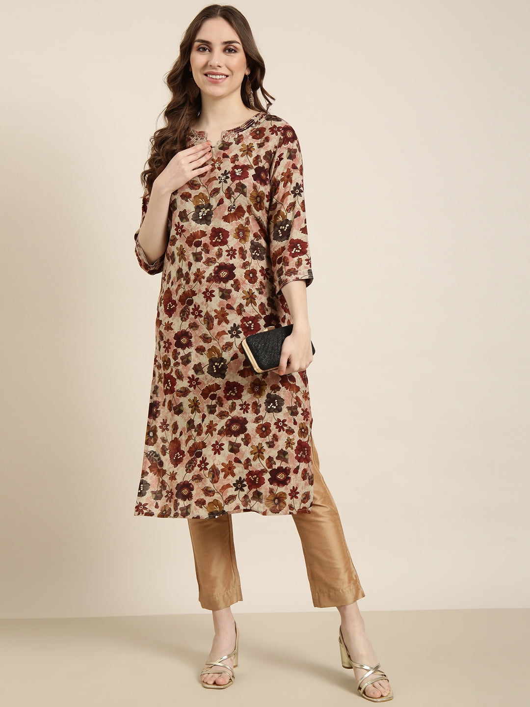 Women's Straight Maroon Floral Kurta