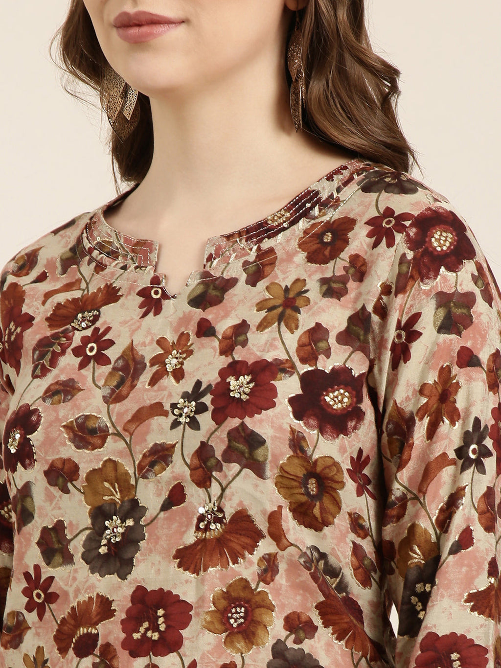 Women's Straight Maroon Floral Kurta