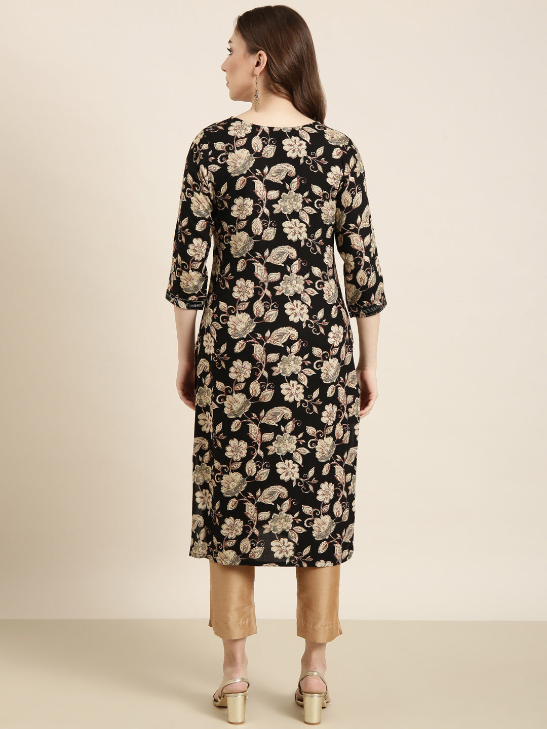 Women's Straight Black Floral Kurta