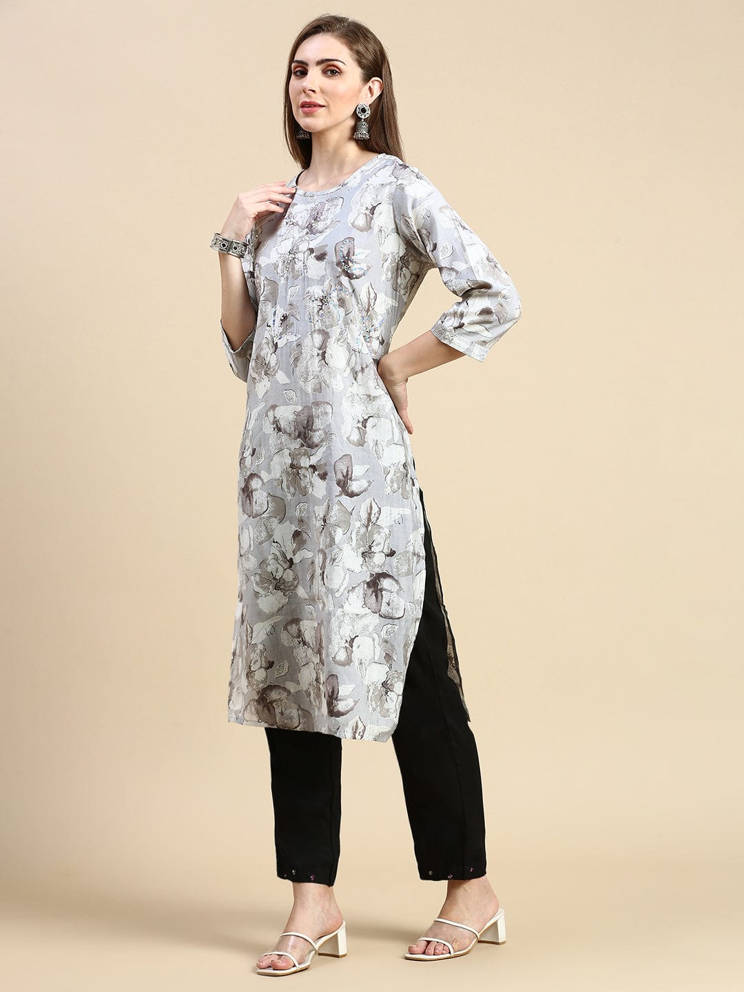 Women's Floral Sequins Grey Straight Kurta