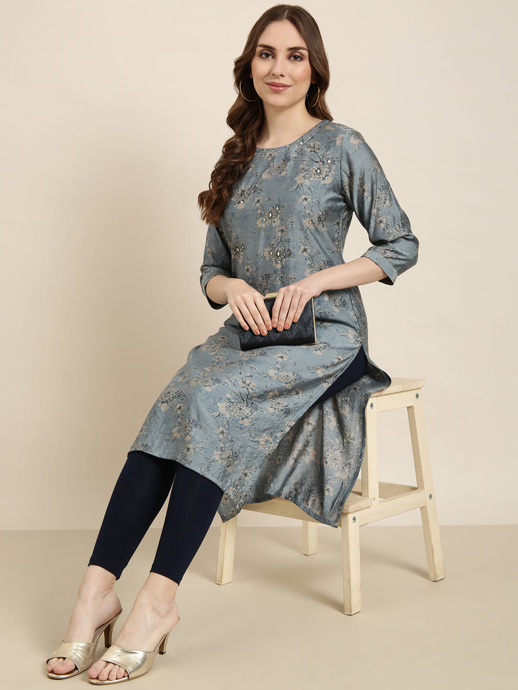 Women's Straight Blue Floral Kurta