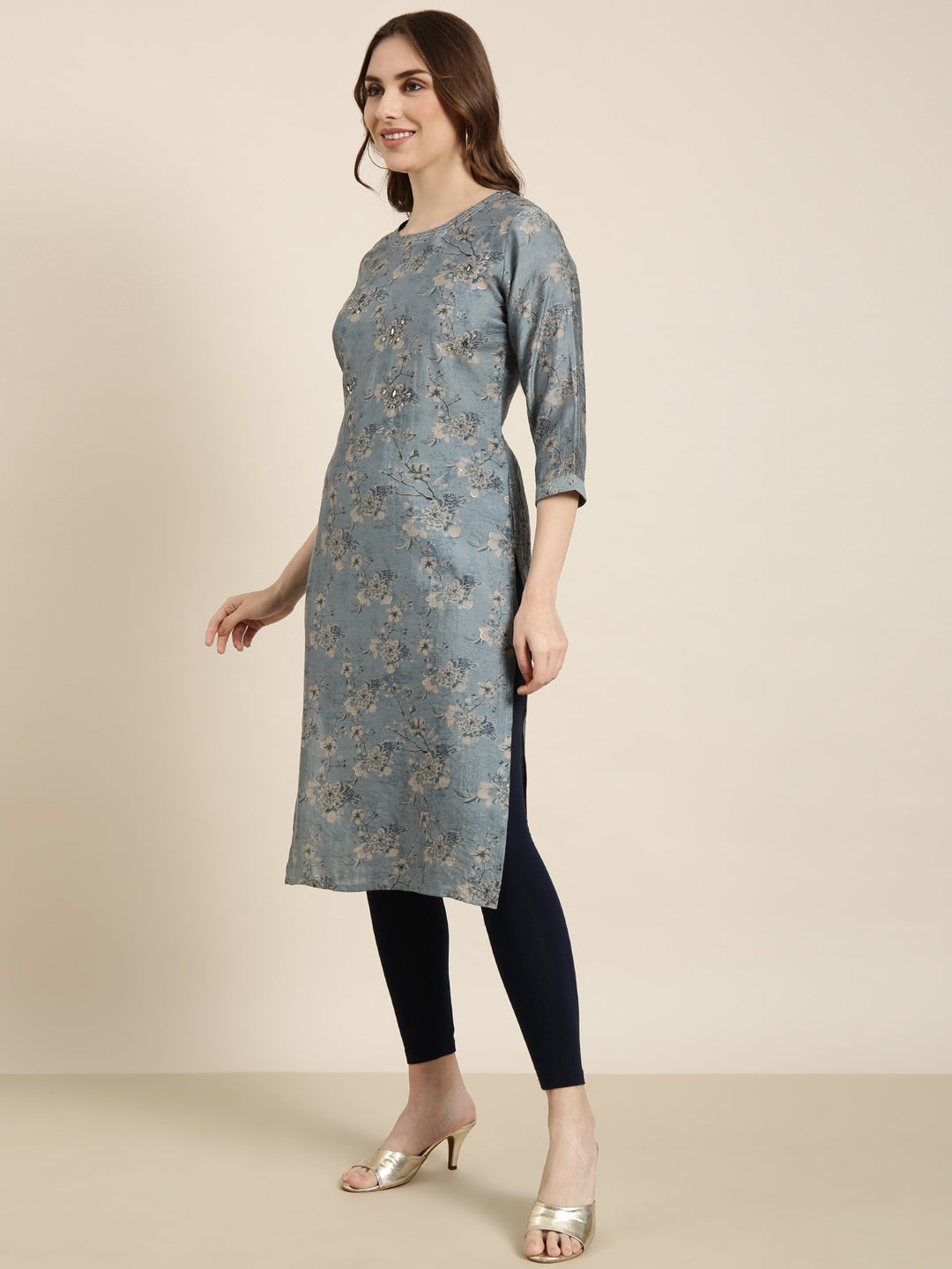 Women's Straight Blue Floral Kurta