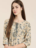 Women's Cream Ethnic Motif Printed key Hole Neck Straight Kurta