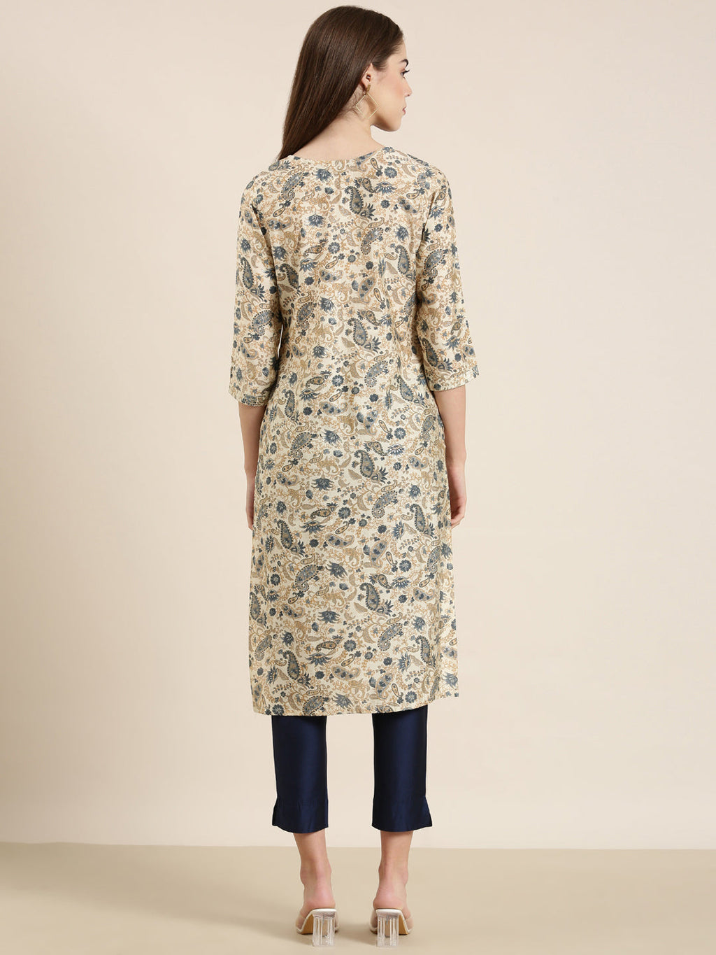 Women's Cream Ethnic Motif Printed key Hole Neck Straight Kurta