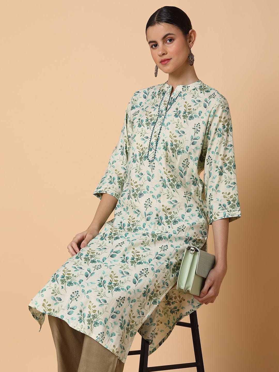 Women's Straight Sequins Cream Floral Kurta