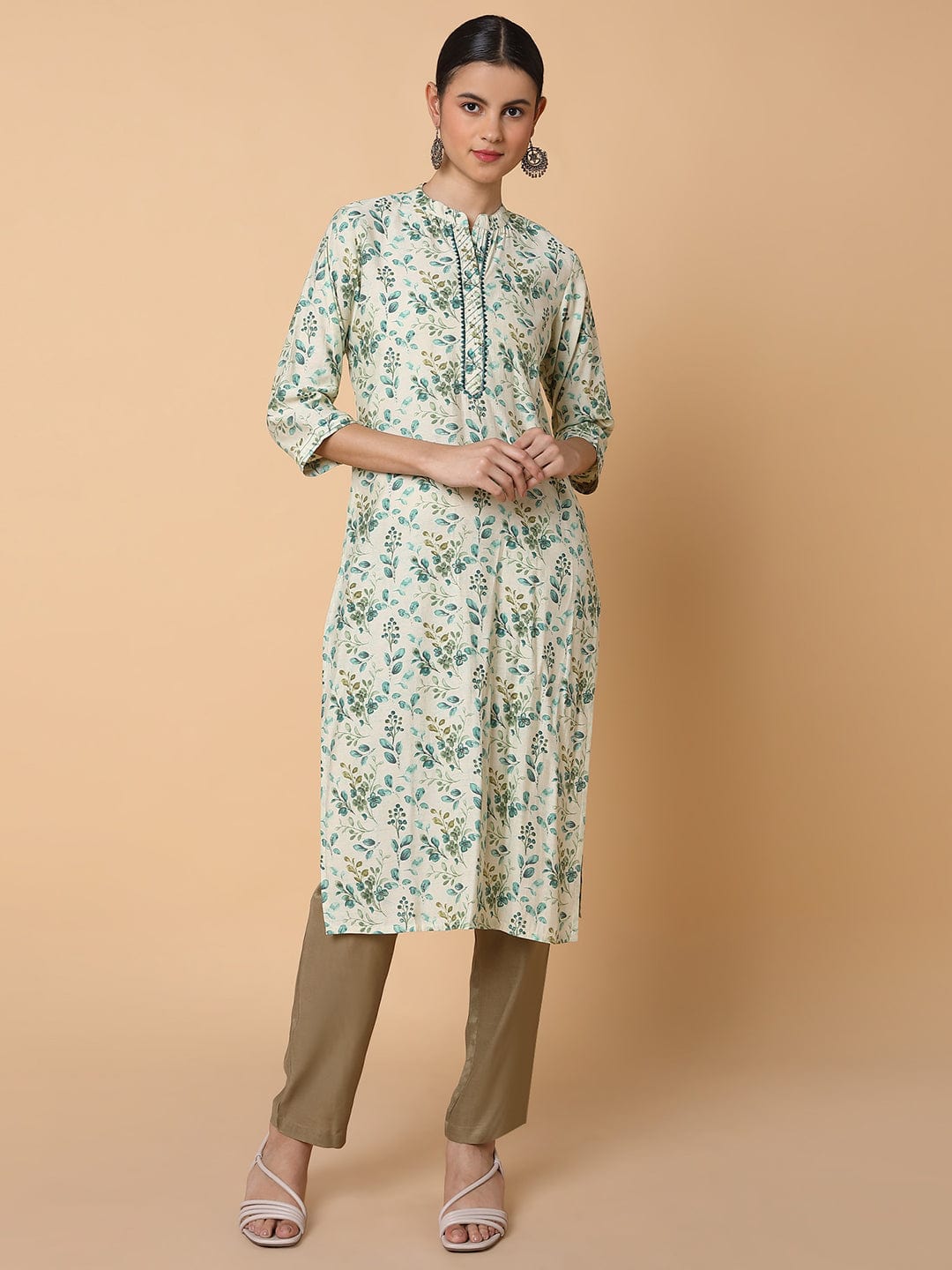 Women's Straight Sequins Cream Floral Kurta