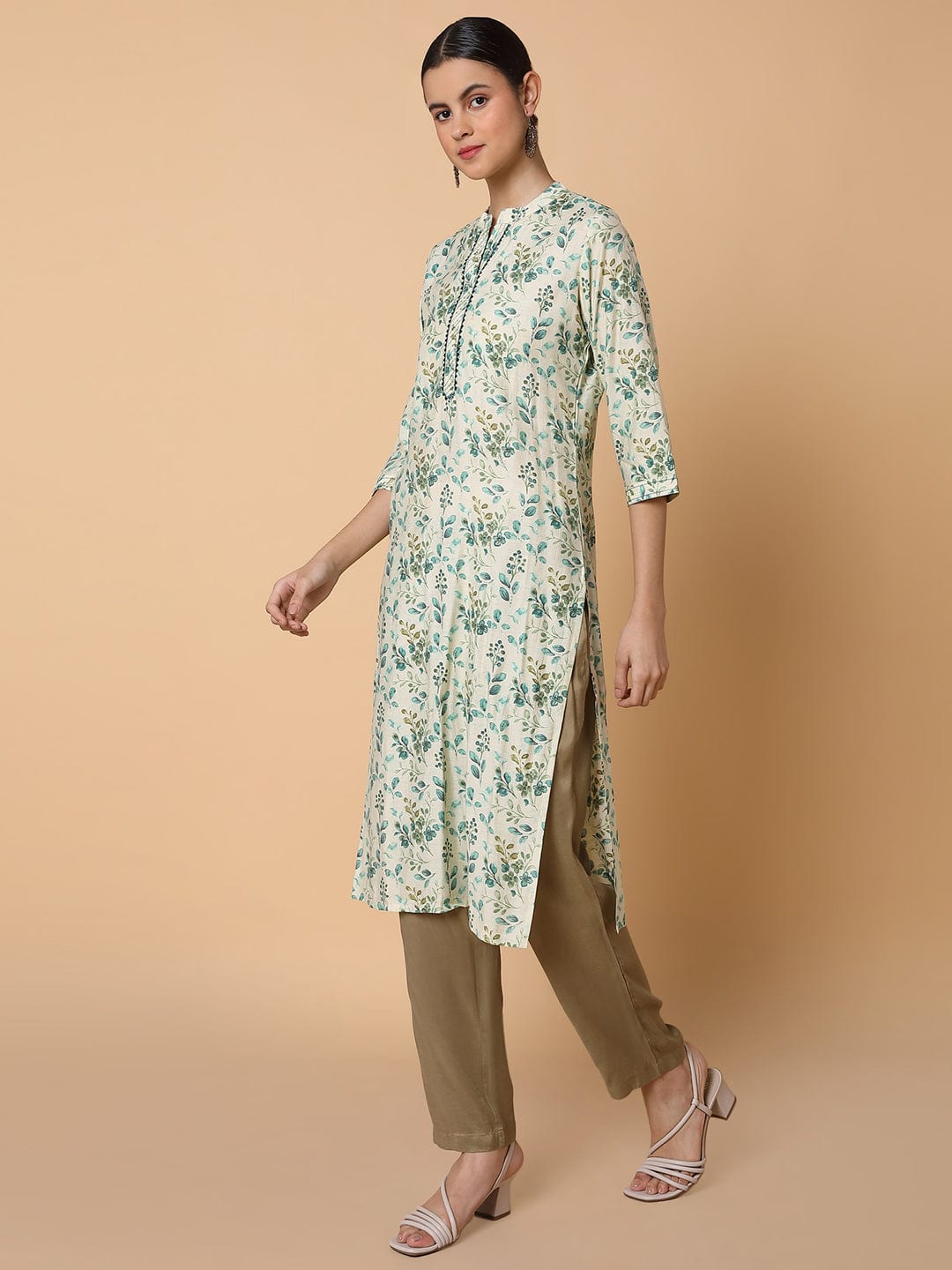 Women's Straight Sequins Cream Floral Kurta