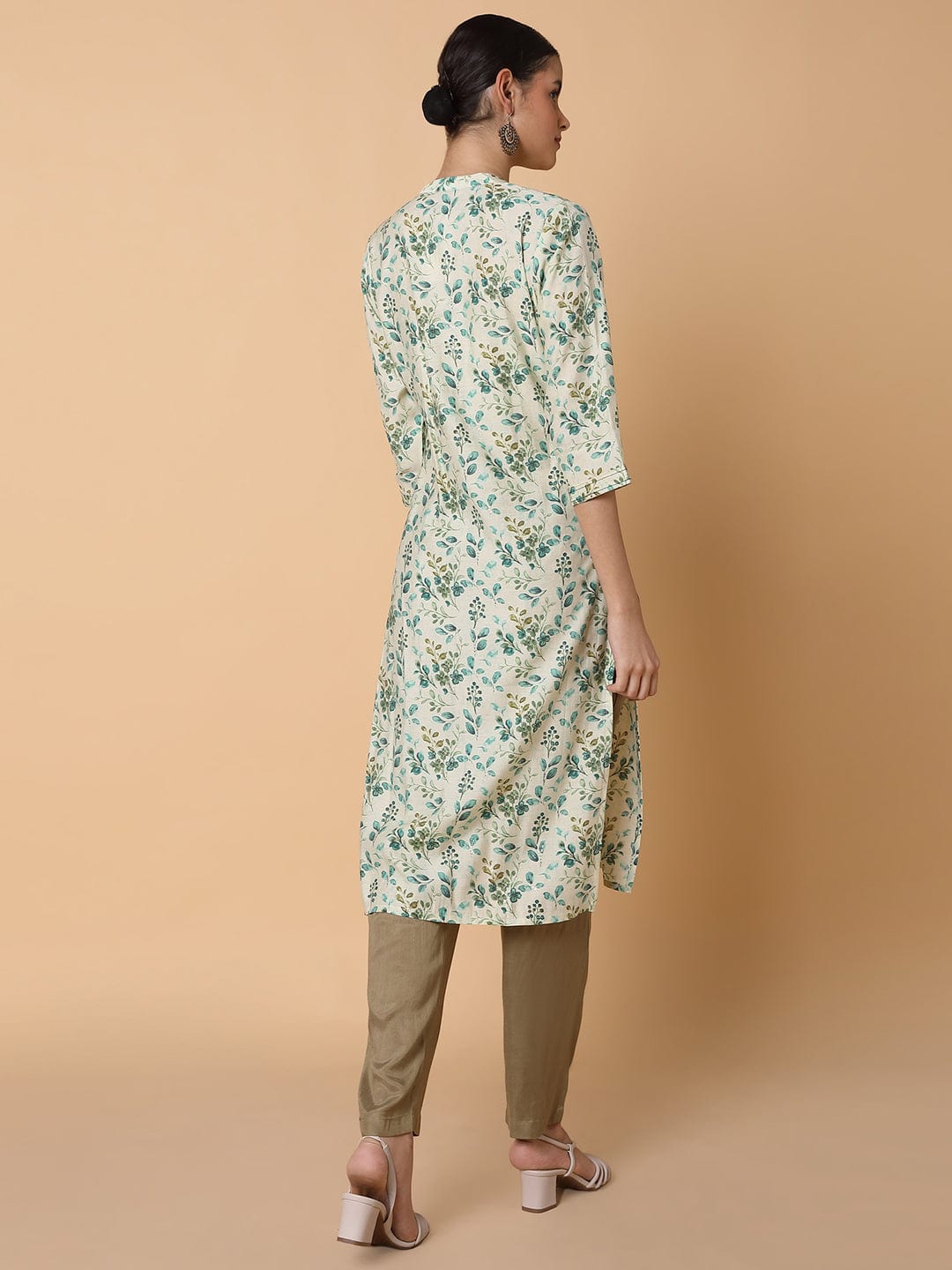 Women's Straight Sequins Cream Floral Kurta