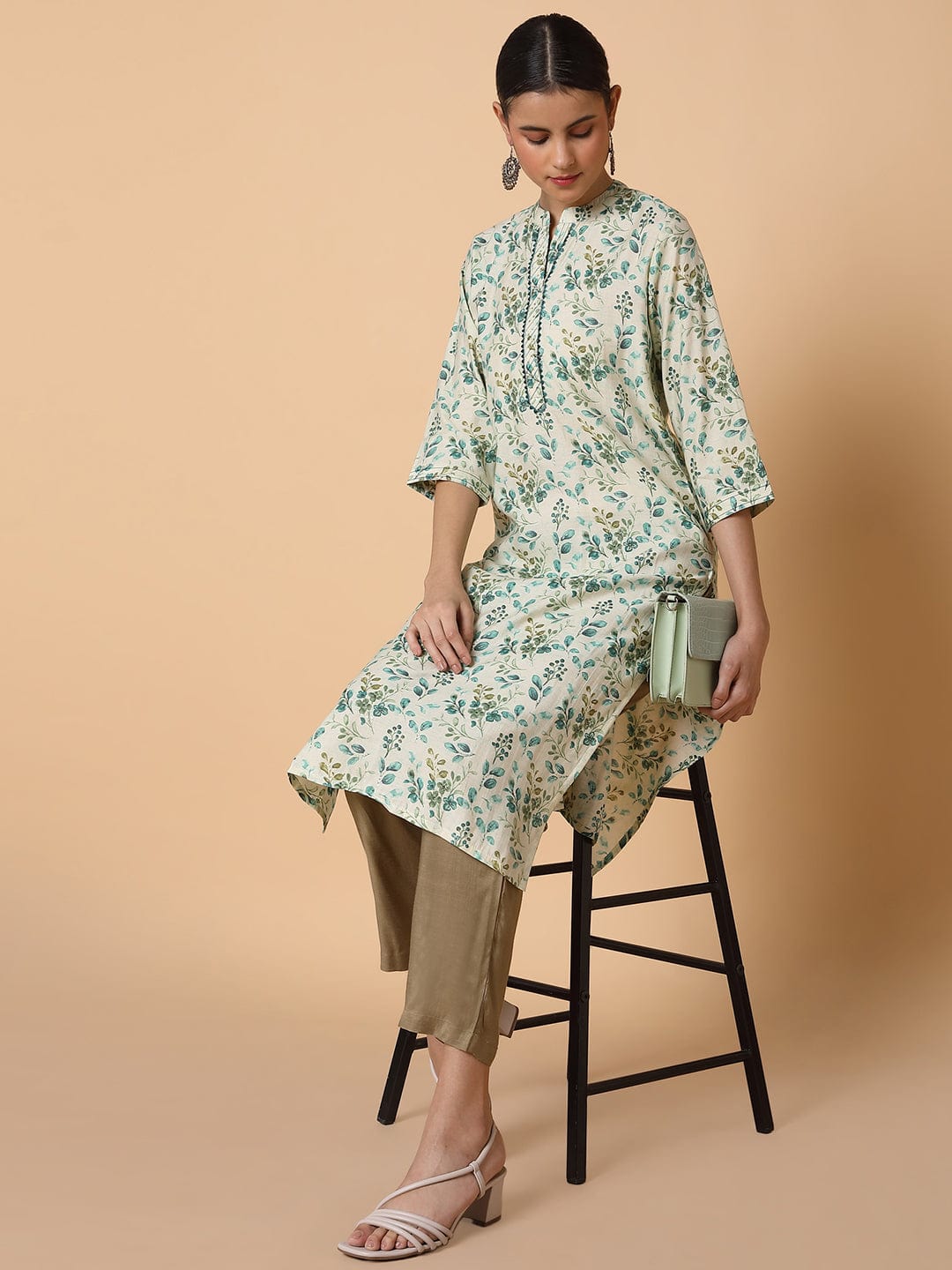 Women's Straight Sequins Cream Floral Kurta