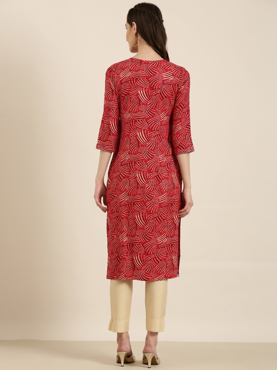 Women's Red Bandhani Printed Gotta Patti Straight Kurta