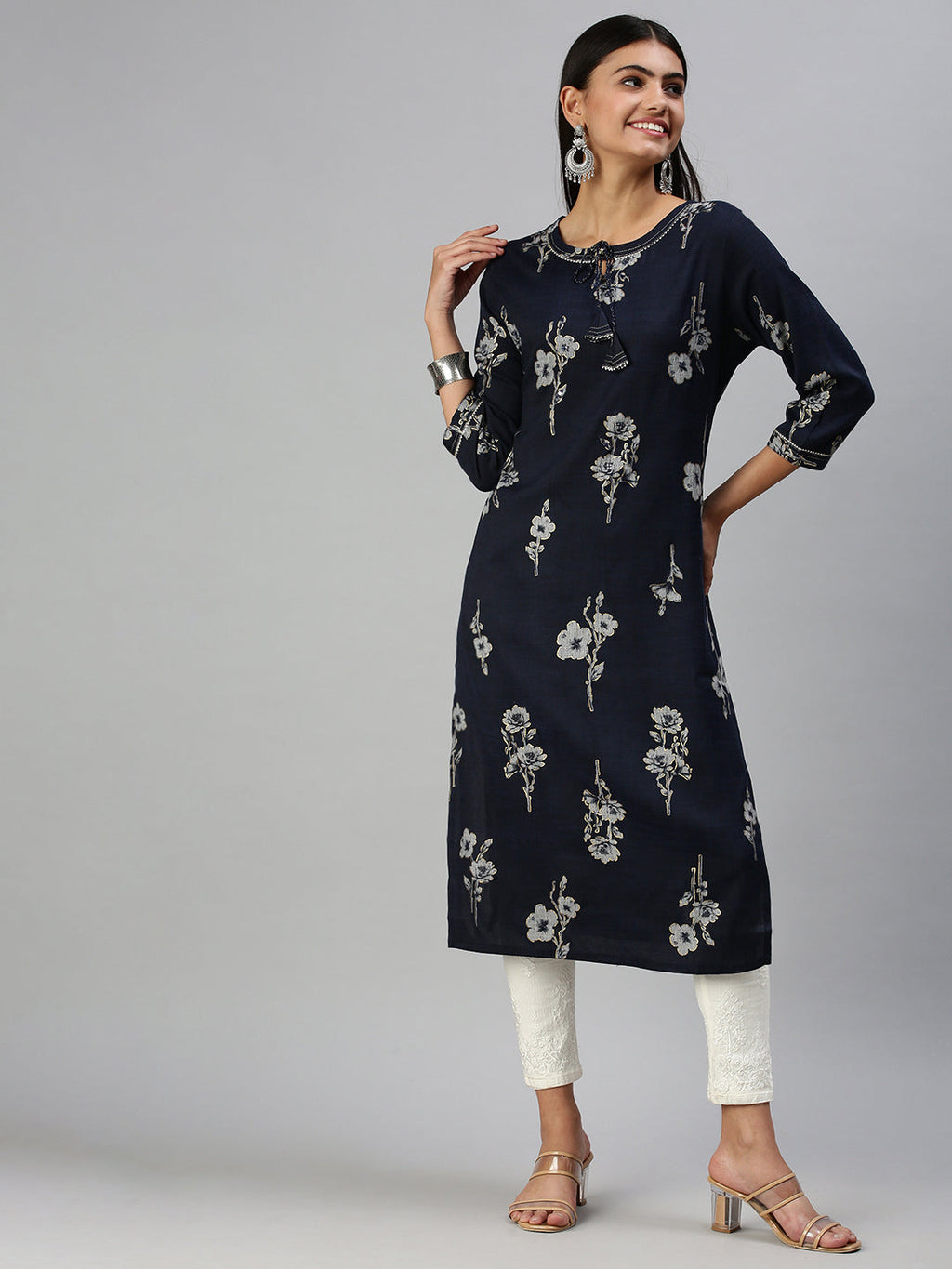 Women's Blue Floral Straight Kurta