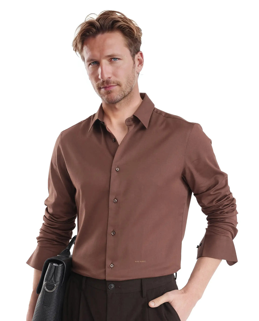 Rare Rabbit Men's Holla-25 Brown Cotton Blend Plain Regular Fit Full Sleeve Collared Shirt