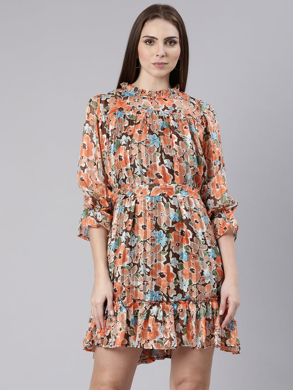Women's Orange Floral Print Puff Sleeve Georgette A-Line Dress