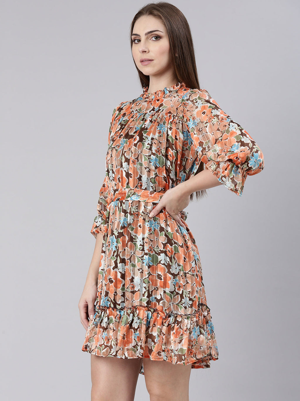 Women's Orange Floral Print Puff Sleeve Georgette A-Line Dress