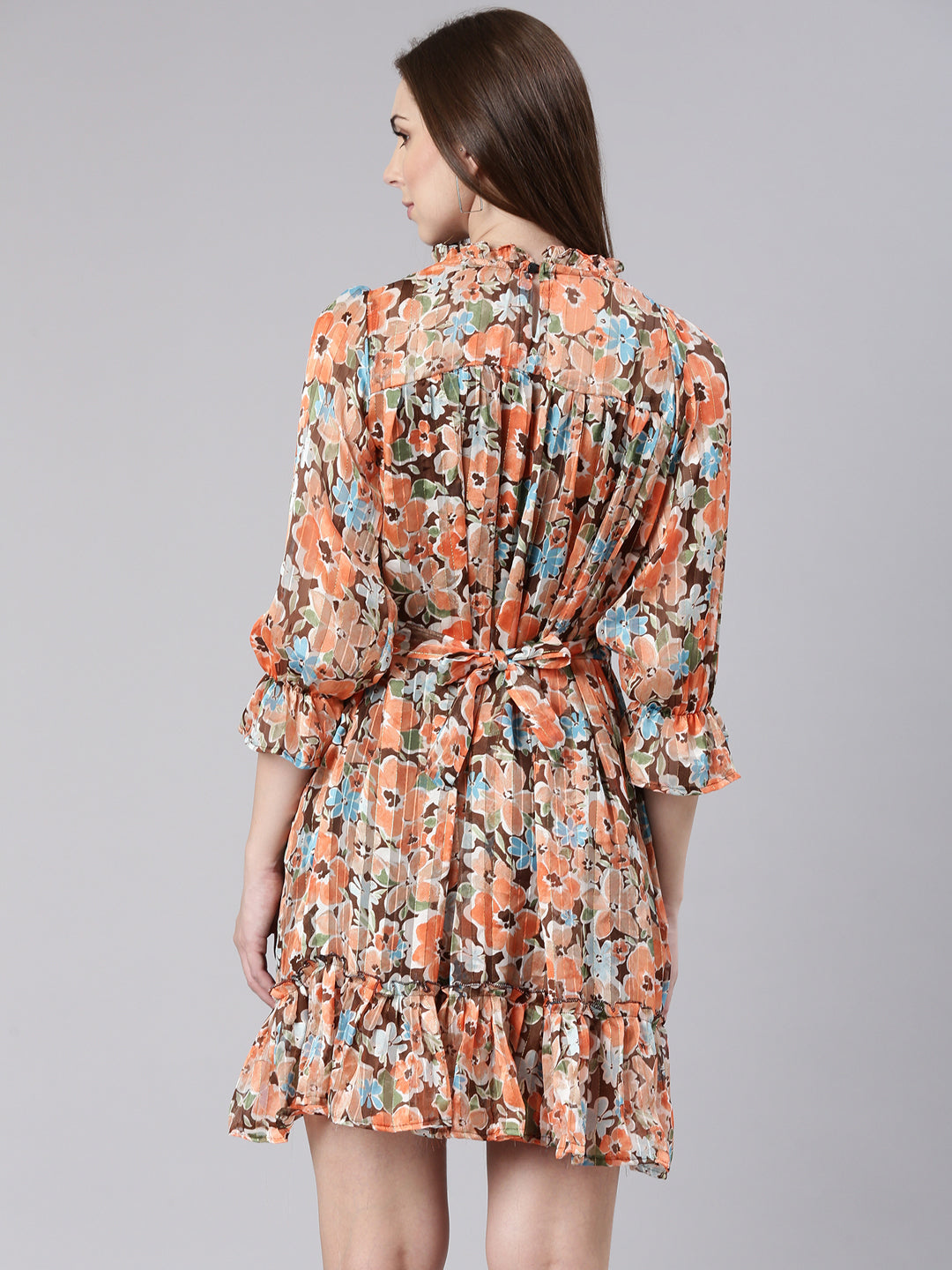 Women's Orange Floral Print Puff Sleeve Georgette A-Line Dress