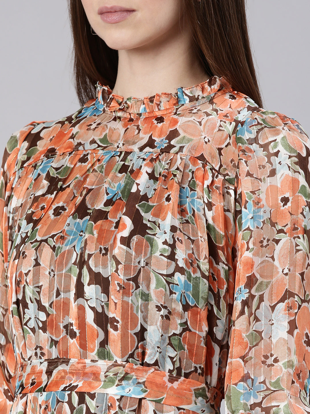 Women's Orange Floral Print Puff Sleeve Georgette A-Line Dress