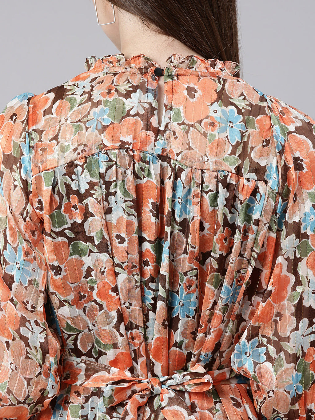 Women's Orange Floral Print Puff Sleeve Georgette A-Line Dress