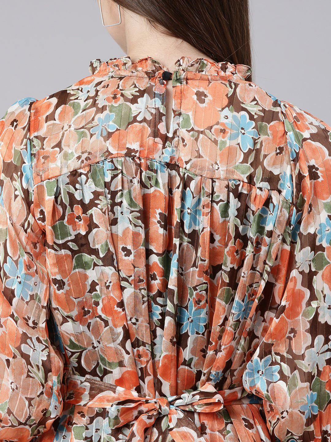 Women's Orange Floral Print Puff Sleeve Georgette A-Line Dress