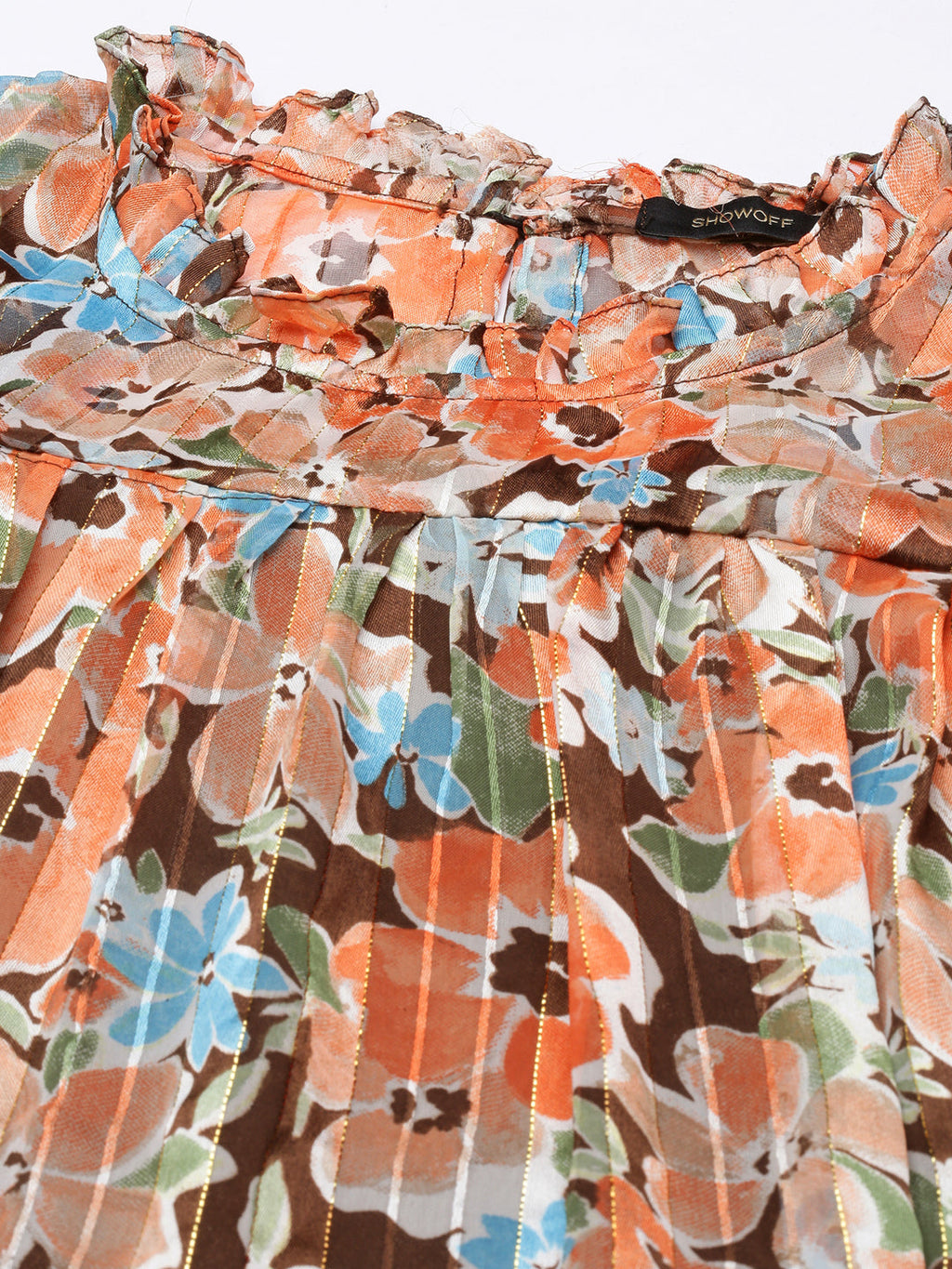 Women's Orange Floral Print Puff Sleeve Georgette A-Line Dress