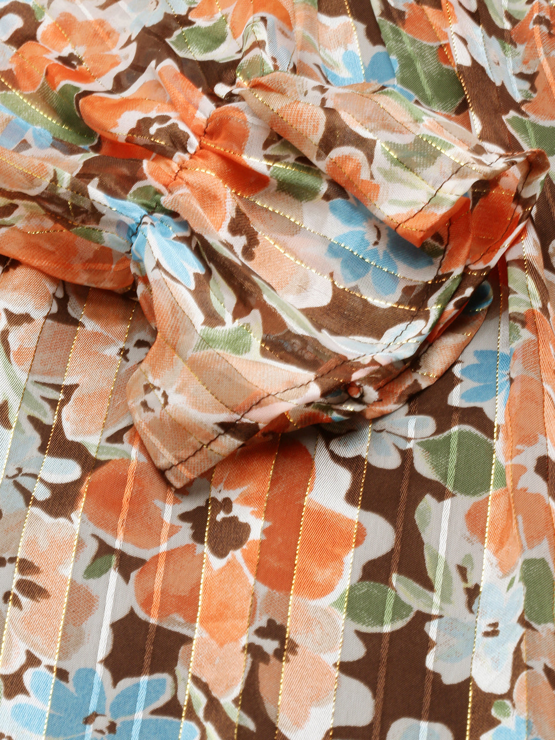 Women's Orange Floral Print Puff Sleeve Georgette A-Line Dress