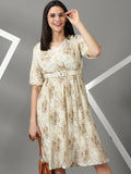 Women's Off White Floral Printed Fit & Flare Dress With Belt