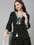 Women's Black Cotton Polka Dots Printed A-Line Dress