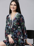 Women's Navy Blue Floral Printed Fit & Flare Dress