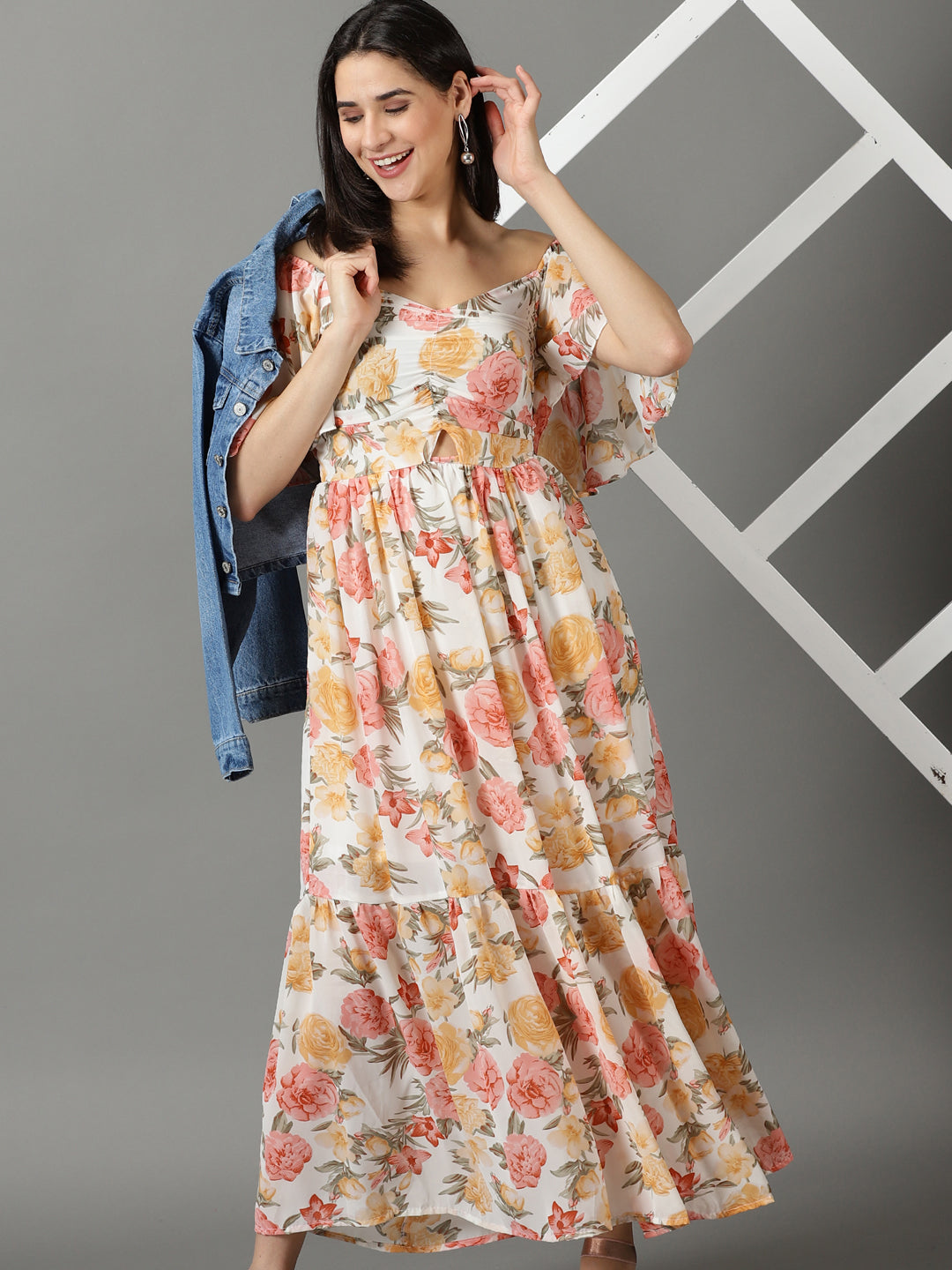Women's White Off Shoulder Floral Printed Smocked Tiered Chiffon Maxi Dress