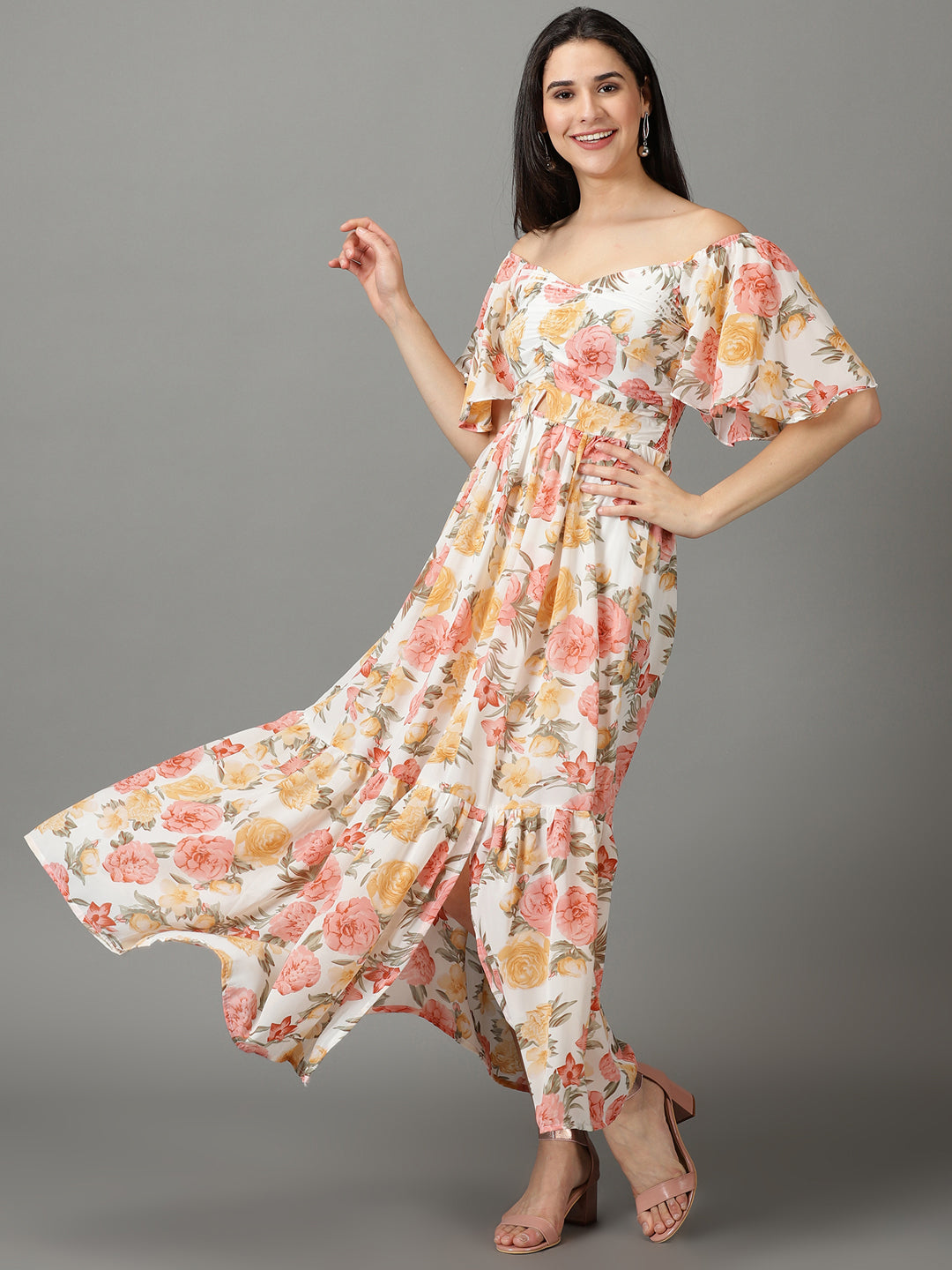Women's White Off Shoulder Floral Printed Smocked Tiered Chiffon Maxi Dress