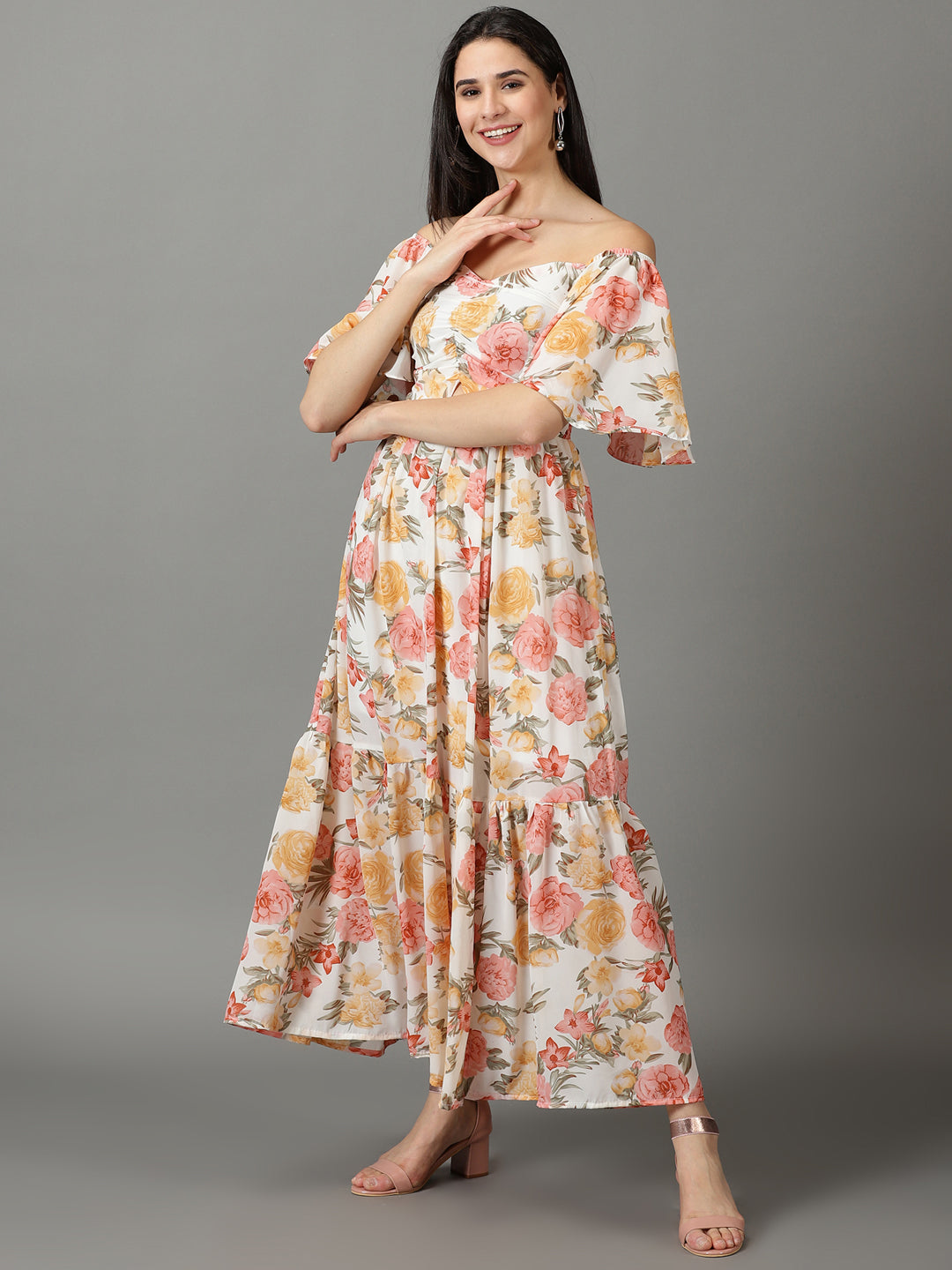 Women's White Off Shoulder Floral Printed Smocked Tiered Chiffon Maxi Dress