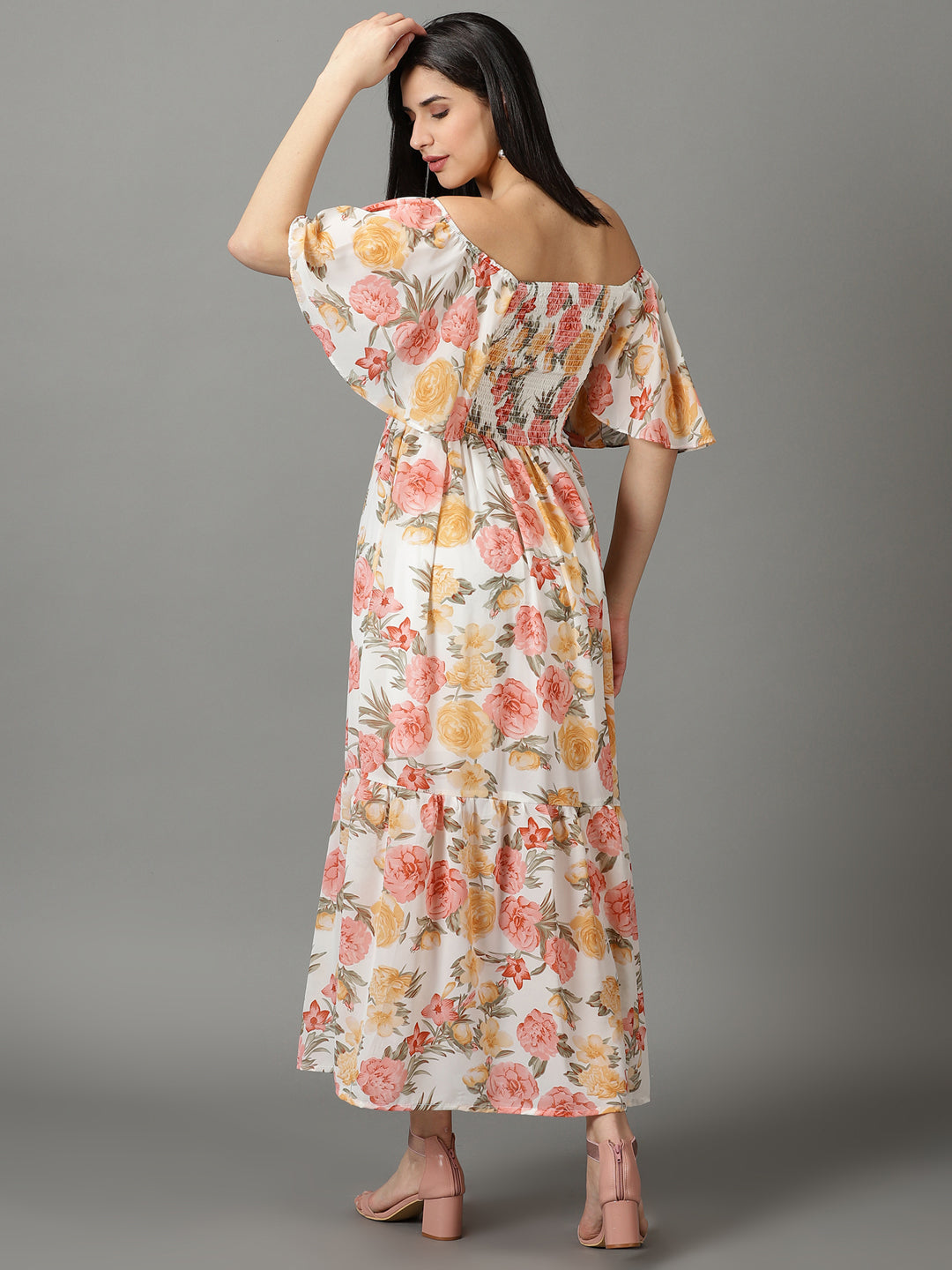 Women's White Off Shoulder Floral Printed Smocked Tiered Chiffon Maxi Dress