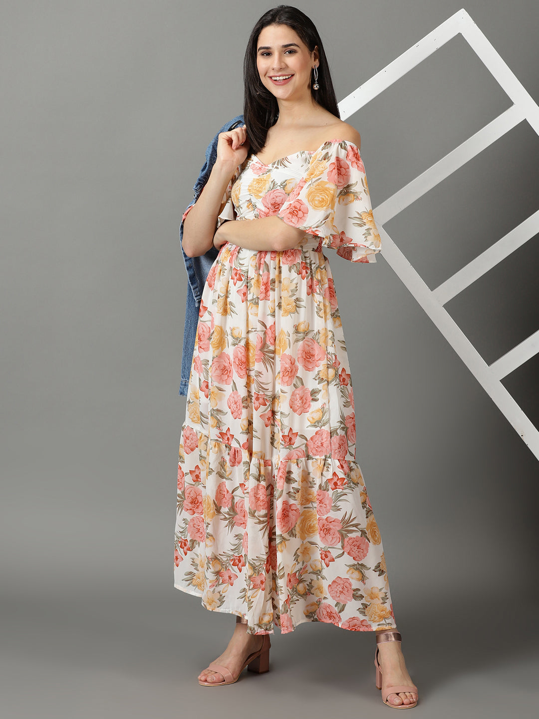 Women's White Off Shoulder Floral Printed Smocked Tiered Chiffon Maxi Dress