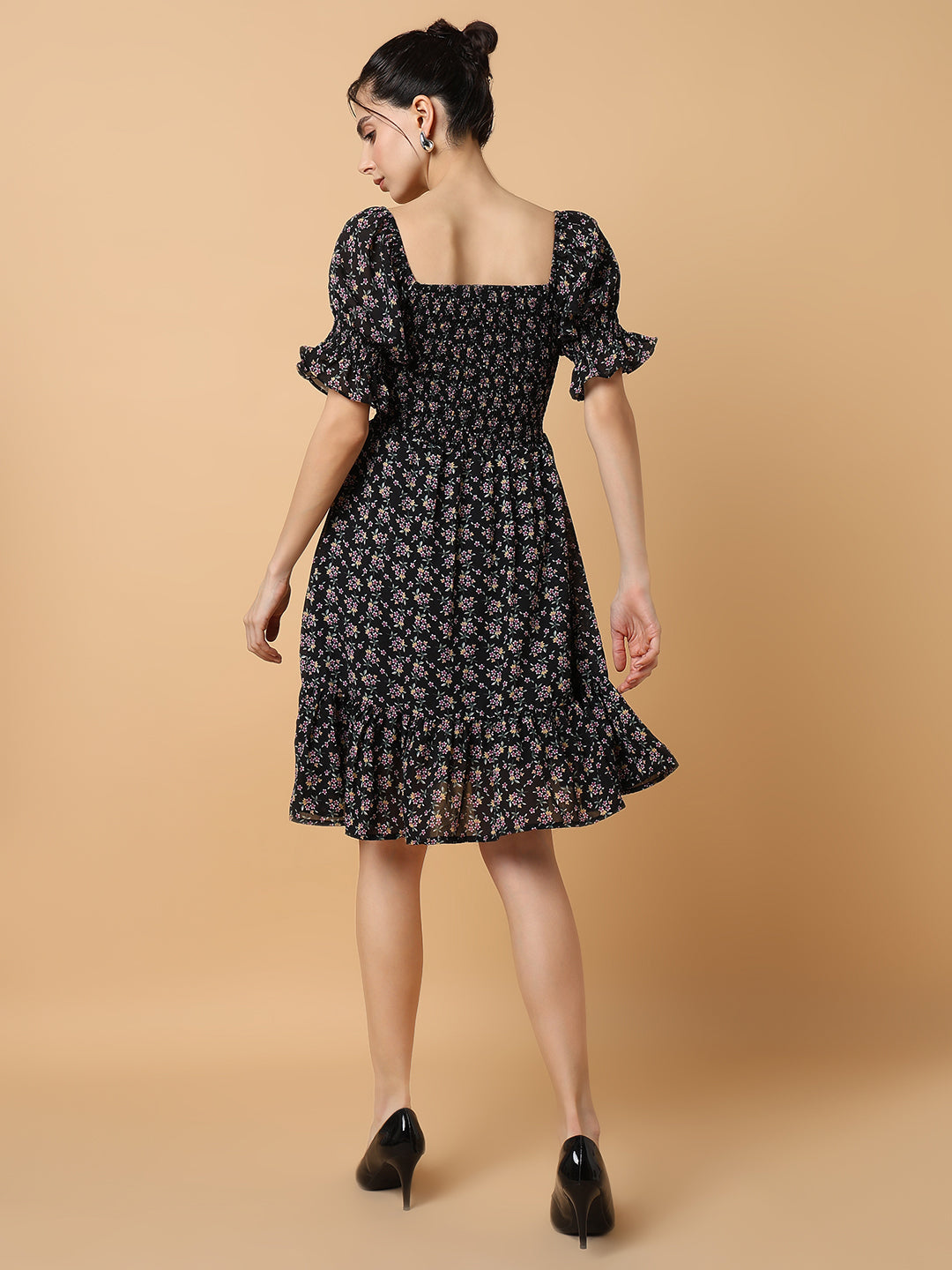 Women's Black Floral Printed Off-Shoulder Tie Up Smocked Chiffon Fit & Flare Dress