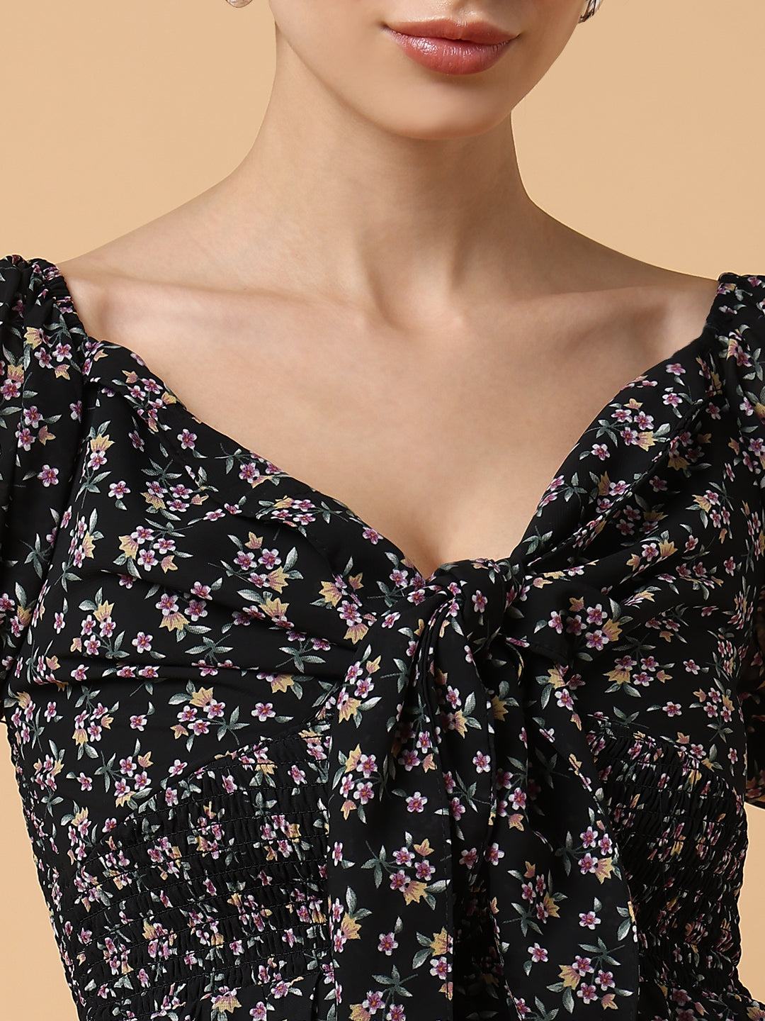 Women's Black Floral Printed Off-Shoulder Tie Up Smocked Chiffon Fit & Flare Dress