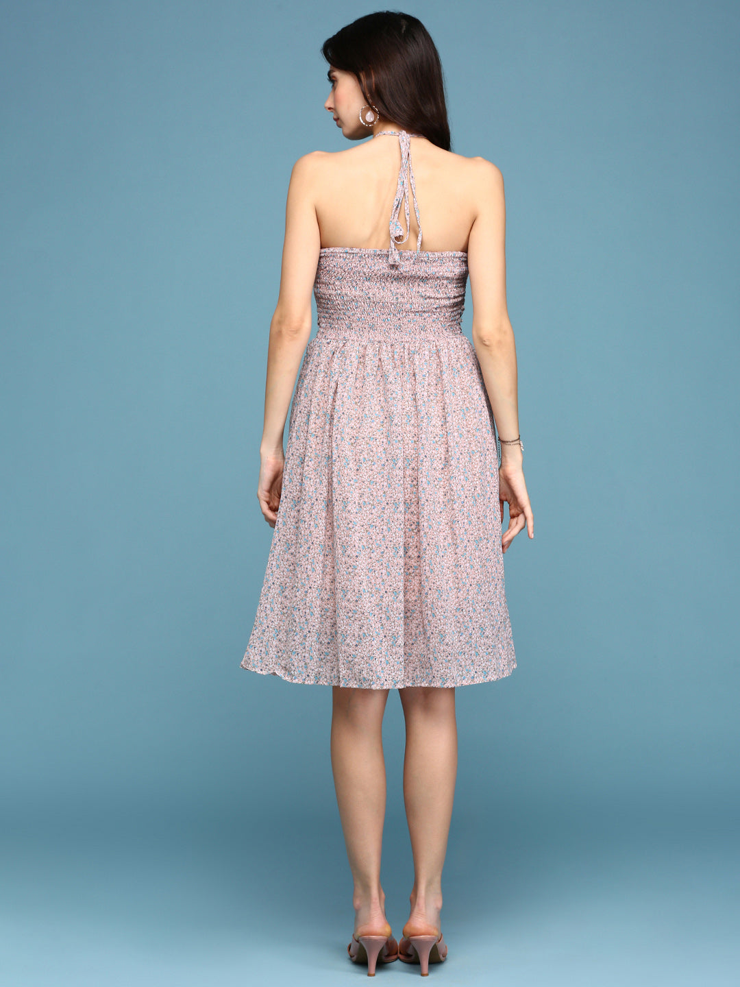 Women's Peach Floral Printed Gathered Ruched Fit & Flare Dress