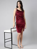 Women's Maroon Knee Length Velvet Bodycon Dress