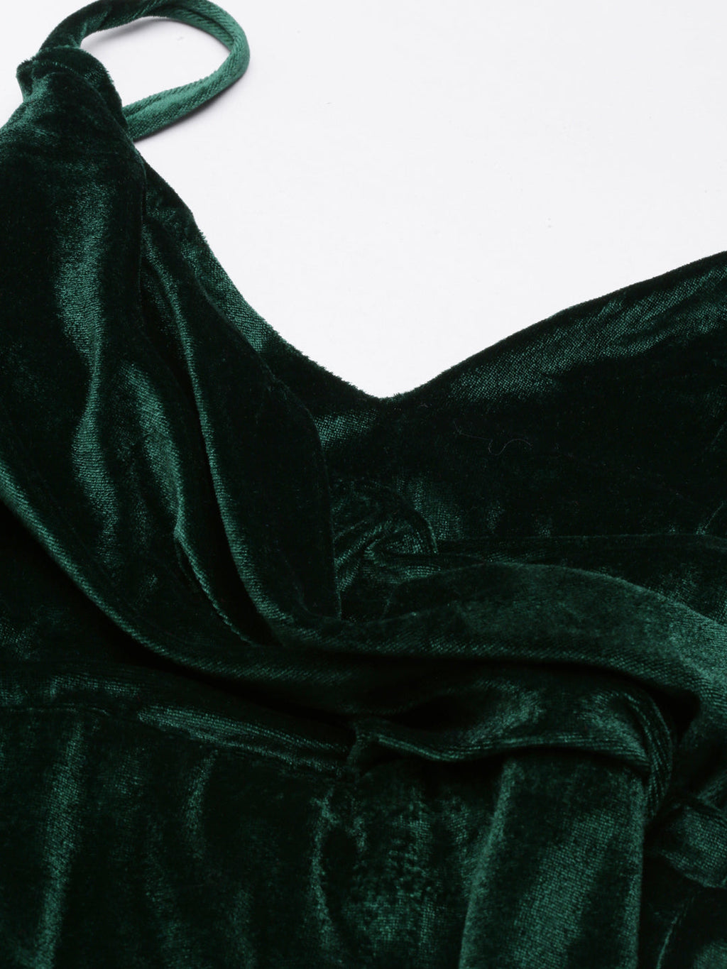 Women's Green Shoulder Straps Slit Velvet A-Line Midi Dress