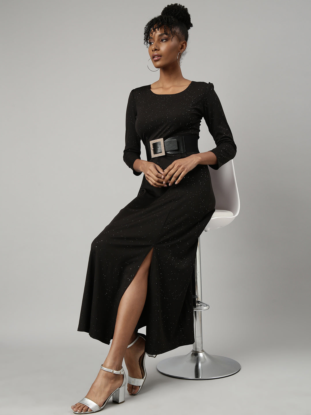 Women's Black Round Neck Regular Sleeves Bling & Sparkly Belted A-Line Dress