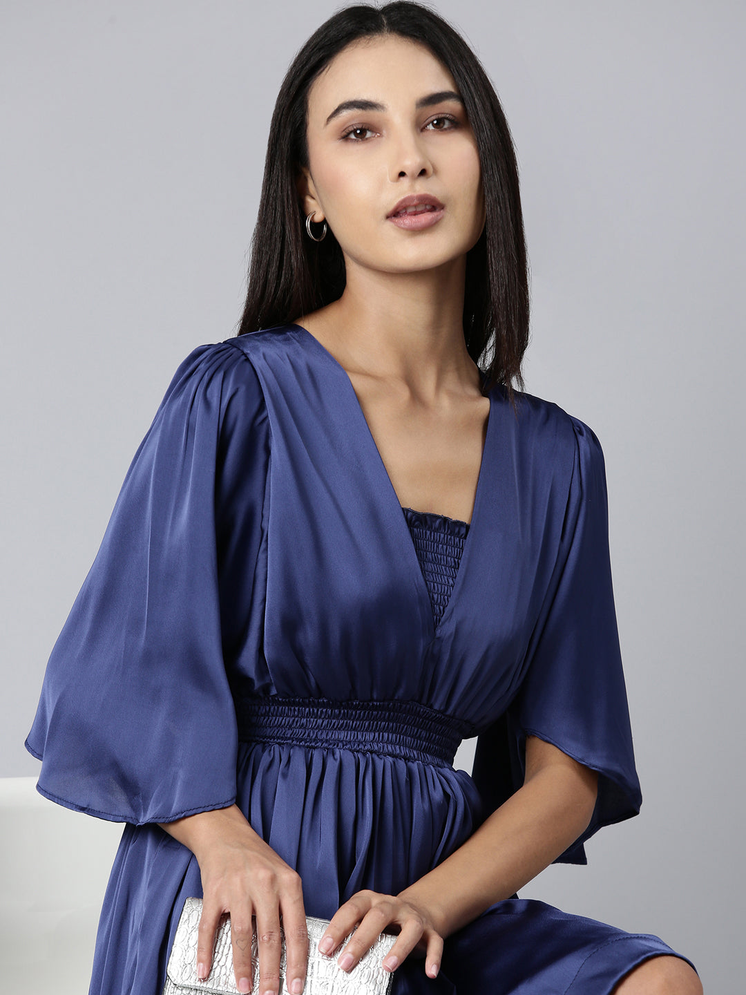 Women's Navy Blue Puff Sleeve Satin Fit & Flare Midi Dress