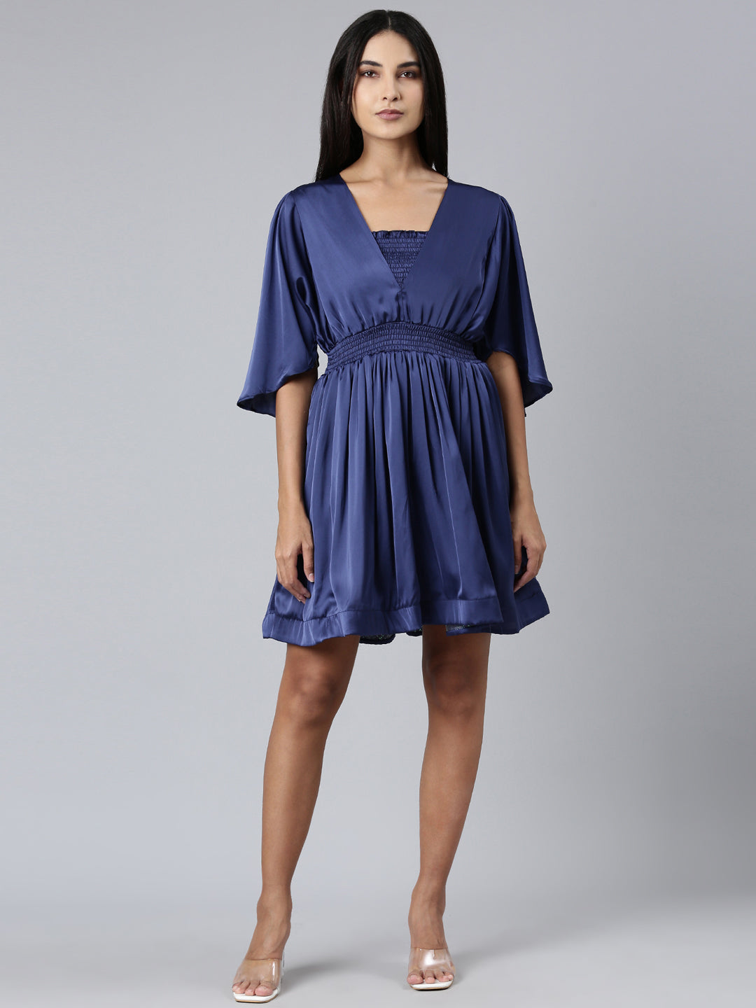 Women's Navy Blue Puff Sleeve Satin Fit & Flare Midi Dress