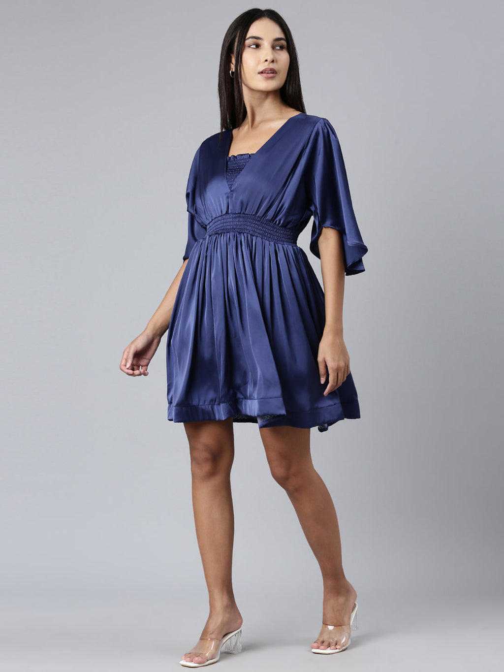 Women's Navy Blue Puff Sleeve Satin Fit & Flare Midi Dress