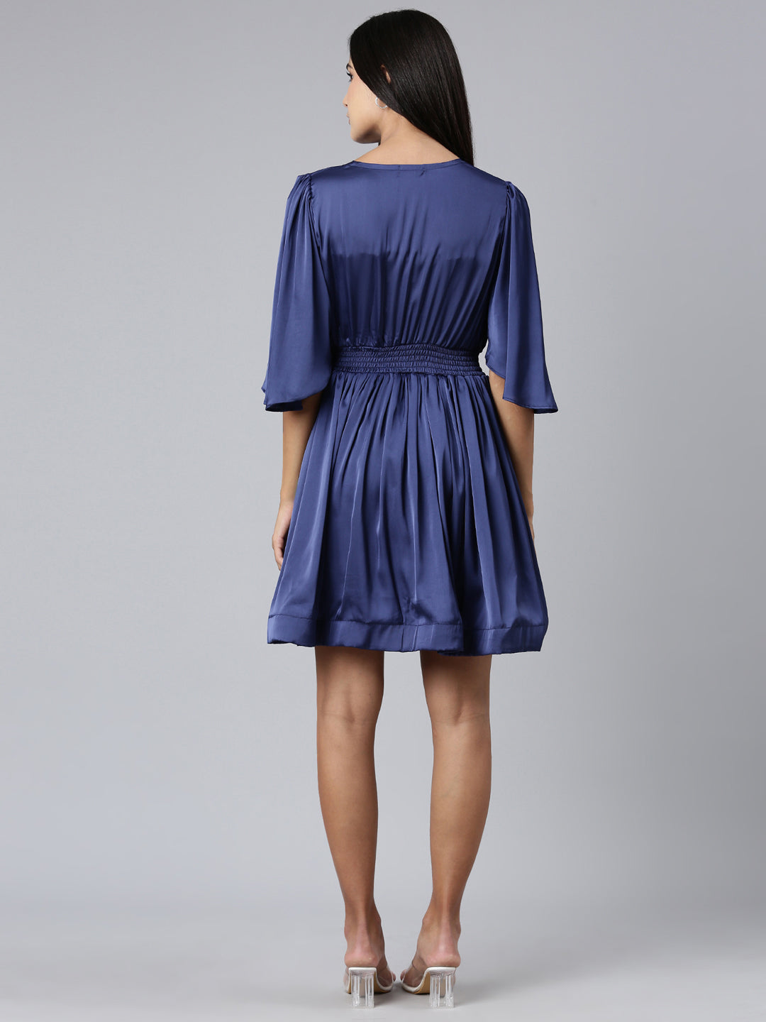 Women's Navy Blue Puff Sleeve Satin Fit & Flare Midi Dress