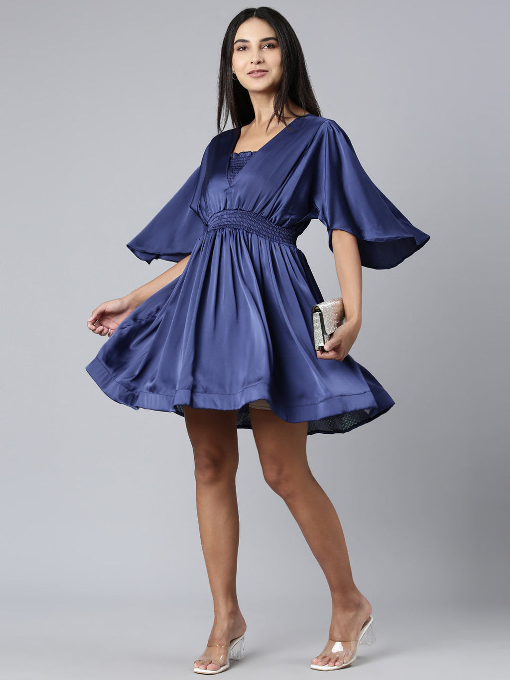Women's Navy Blue Puff Sleeve Satin Fit & Flare Midi Dress
