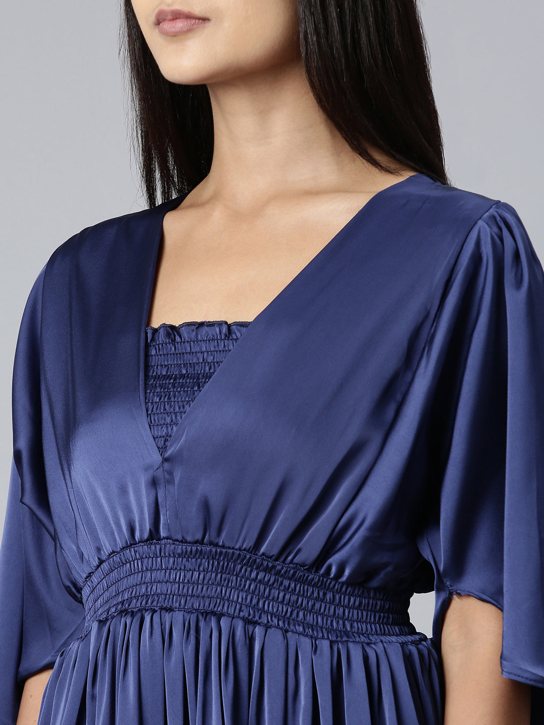 Women's Navy Blue Puff Sleeve Satin Fit & Flare Midi Dress
