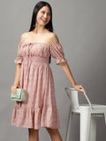 Women's Peach Floral Off-Shoulder Fit and Flare Dress