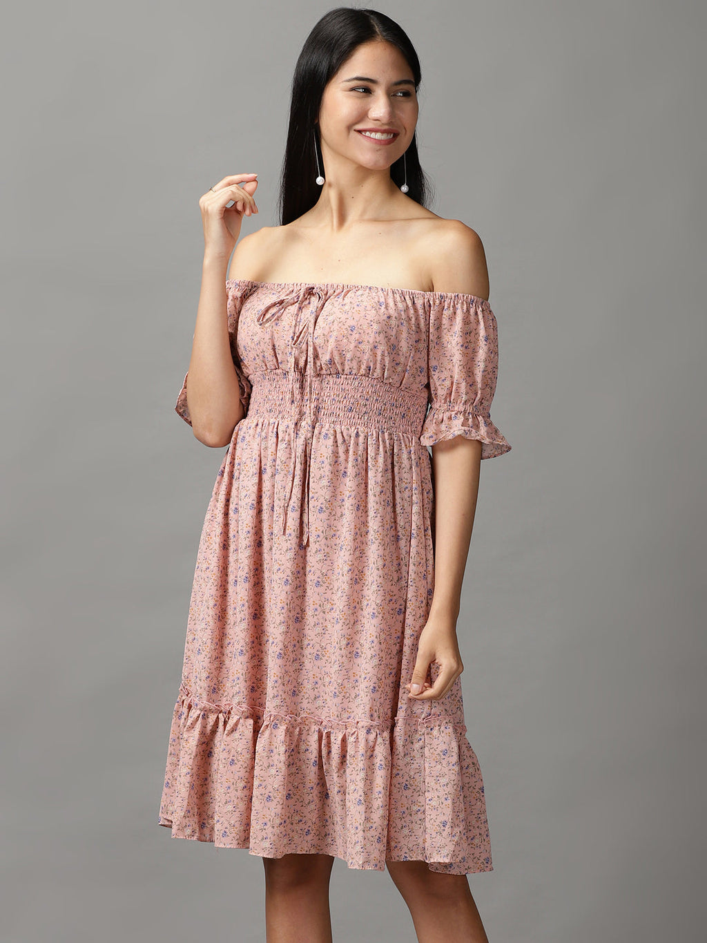 Women's Peach Floral Off-Shoulder Fit and Flare Dress