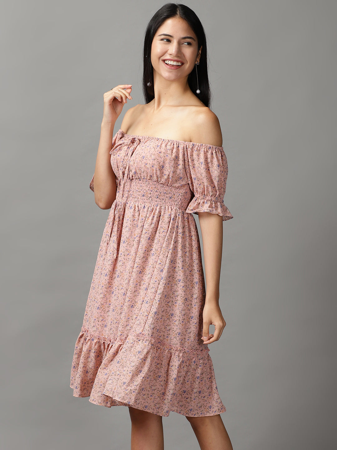Women's Peach Floral Off-Shoulder Fit and Flare Dress