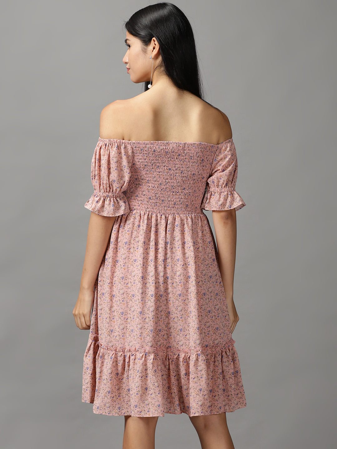 Women's Peach Floral Off-Shoulder Fit and Flare Dress