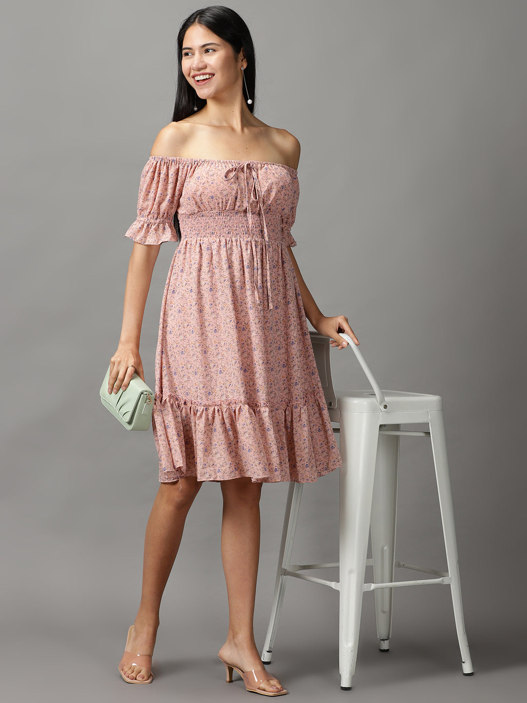 Women's Peach Floral Off-Shoulder Fit and Flare Dress