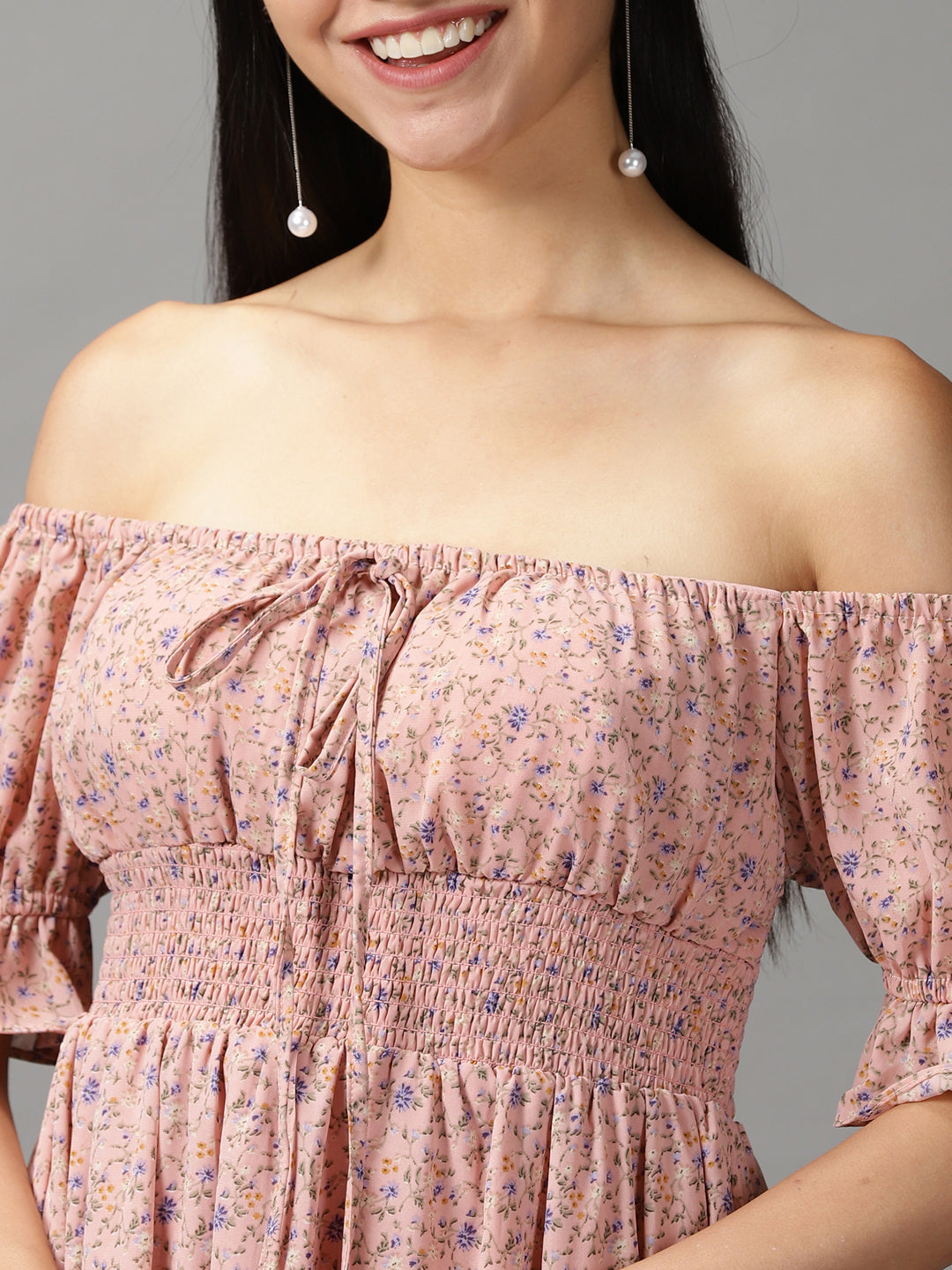 Women's Peach Floral Off-Shoulder Fit and Flare Dress